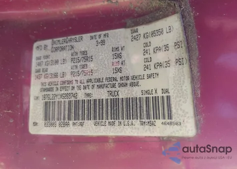 1999 Dodge Dakota Slt/Sport z USA, uszkodzony, nr VIN 1B7GL22Y1XS269742